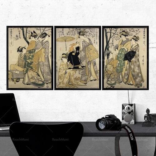 Courtisanes japonaises Triptyque Vintage Courtisanes Wall Posters Collection 3 Antique Antique Japanese Women Painting Posters