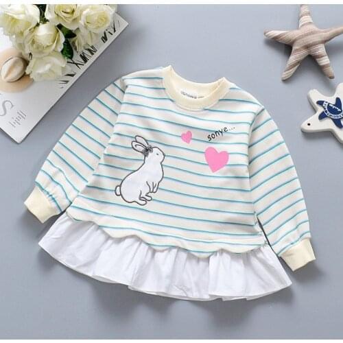 Kids Clothes Girls Long Sleeves Autumn Tops Striped Rabbit Cartoon Printed Ruffle Splicing Lovely T-shirt Children Outfits 1-4Y