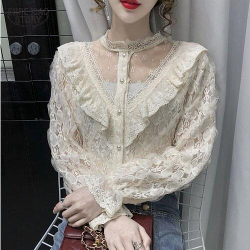 Elegant Flare Long Sleeve Top Women Stand Collar Hollow Lace Shirt Autumn V-neck Mesh Stitched Ruffle Blouse Women Blusas 16850