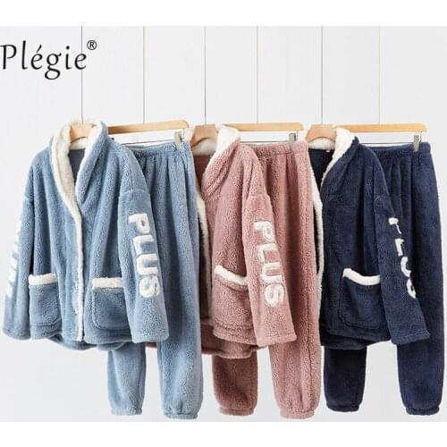 Flannel Thick Warm Womens Winter Pajamas Set Flannel Couple Homewear Suit Pink Blue Two-piece Sleepwear Female Home Clothes