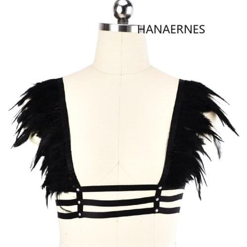 HANAERNES Womens Black Feather Harajuku Garter Elastic Body Harness Bra Bondage Lingerie Sexy Goth Clothes Bondage Lingerie