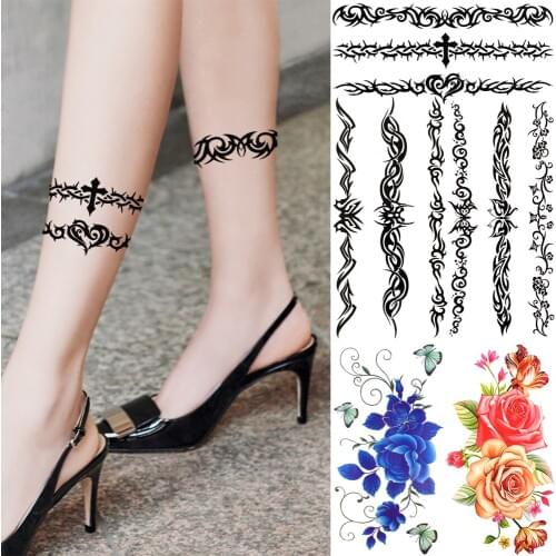 Christ Small Cross Thorns Temporary Tattoos For Women Adults Rose Butterfly Vine Fake Tattoo Sticker 3D Foot Face Washable Tatoo