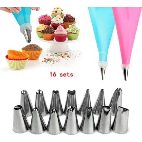 Kitchen Tools 16 Pieces Icing Piping Cream Pastry Bag Stainless Steel Cookie Cream Coupler Nozzle DIY Cake Decorating Tips Set