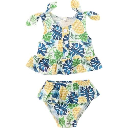Infant Baby Girls Leaves Printed 2Pcs Swimwear Set Sleeveless Button Decorations Lace-up Tank Tops Ruffled Triangle Bottoms
