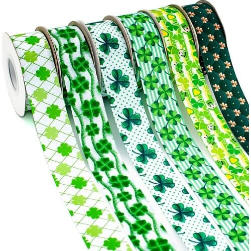 St. Patricks Day Leprechauns Cartoon Ribbon Print Shamrocks Pattern Grosgrain Ribbon 5 Yards for DIY Hair Bow Accessories