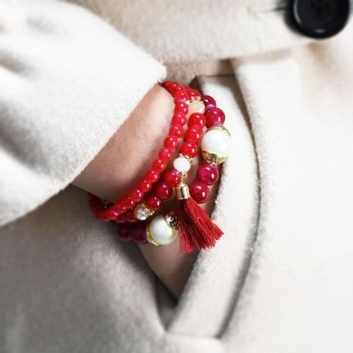 Lucky Tibetan Color Leaf Pendant Round Acrylic Beaded Crystal Bracelets for Women Men Tassel Bracelet Multilayer Bangle Jewelry