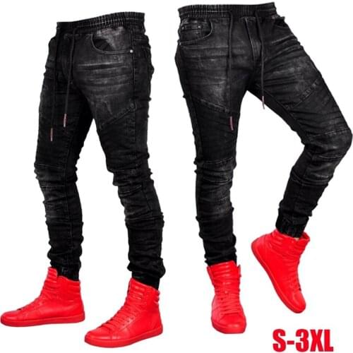 Fashion Men Skinny Elasticity Jeans Male Embroidered Elastic Waist Pants Streetwear Jogging Casual Trousers Size S-3XL