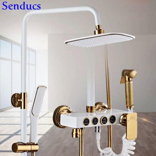 Senducs White Gold Shower Set For Fashion Bathroom Thermostatic Shower Set Rain Top Shower Solid Brass Bathtub Gold Shower Set
