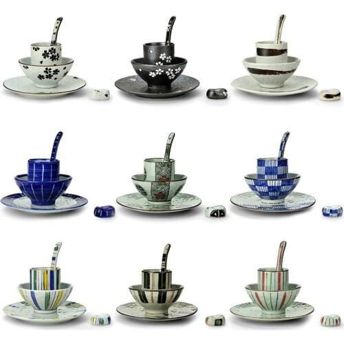 Japanese tableware ceramic set handpainted late rice bowl water cup spoon chopsticks rack five piece set hotel restaurant