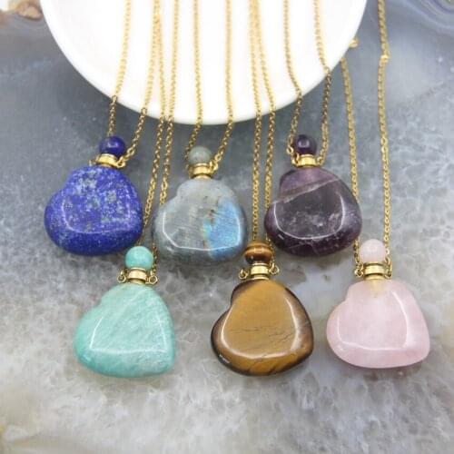 Natural Gems Heart Shaped Perfume Bottle Gold chain Plated,Lapis Crystal Quartz Amazonite Tiger eye Pendant Necklace Jewelry