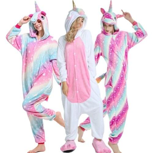 Adults Animal Unicorn Pajamas Cartoon Panda Kigurumi Women Men Costume Winter Unisex Flannel Overalls Unicornio Sleepwear