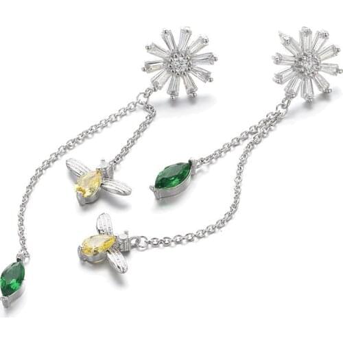 SALE Fashion jewelry 925 silver needle Earrings Female Crystal From Swarovskis Asymmetric temperament flower bee tassel earrings