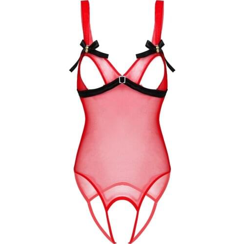 Christmas Sexy Costumes Erotic Clothing for Women Lingeriie Cosplay See Through Crotchless Open Cup High Leg Cut Bodysuit