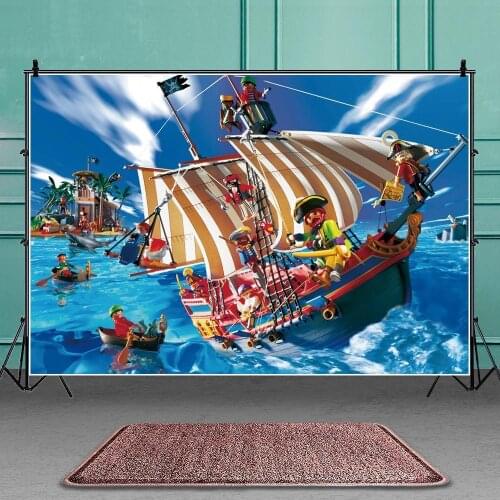 Caribbean Pirate Adventure Theme Party Background For Photo Blue Sea Skull Sail Ship Kids Birthday Cartoon Backdrop Photography