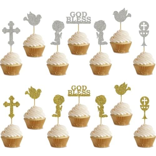 2set God Bless Cupcake Topper Boys Girls Primera Comunion Prayer Cupcake Topper For Kids Baptism Holy Communion Party Decoration