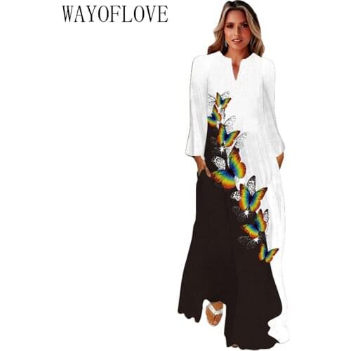 WAYOFLOVE Butterfly Print White Black Dress 2021 Long Sleeve Autumn Casual Long Dresses Woman Elegant Girl Plus Size Dress Women
