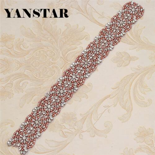 YANSTAR Wholesale 30PCS Handmade Rhinestones Appliques Iron For Wedding Dress Belts Silver Rose Gold Rhinestone 45cm*6cm YS876