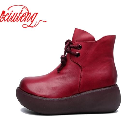 Xiuteng 2020 Genuine Leather Autumn Boots Shoes Women Ankle Boots Female Lace-Up Wedges Boots Women Boot Platform Shoes Warm
