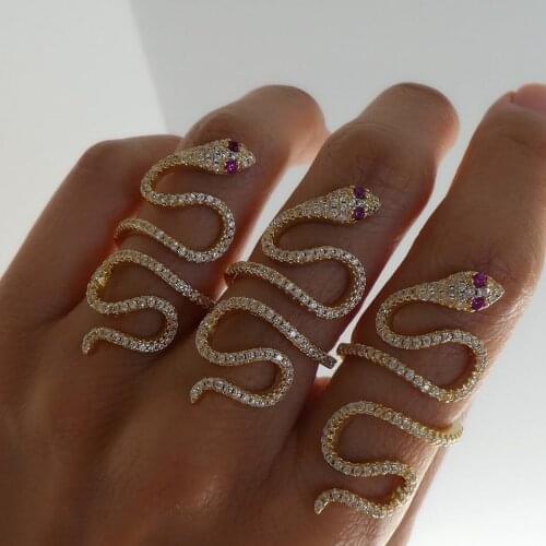 Gold rose gold modern fashion animal rings micro pave cz cool snake shape resizable open adjusted Long women finger ring