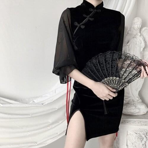 Chines style dress for women black color patchwork red ribbon mesh long sleeve sexy mini bodycon dress cheongsam style vestidos