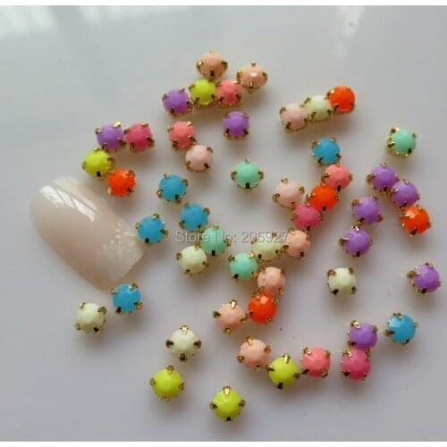 #95 5pcs Cute Mix 5MM Colorful Round Resin Rhinestone With Gold Holder Shape Nail Resin Decoration Outlooking