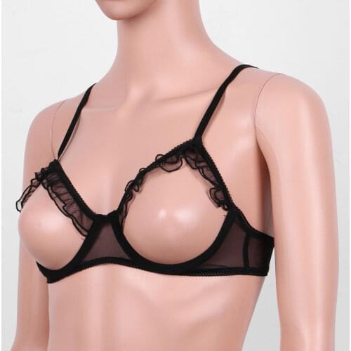 Womens Sexy Ruffles Open Cups Bra Tops Erotic See Through Sheer Mesh Lingerie Bare Breast Underwired Bra Top Nigthwear Sleepwear