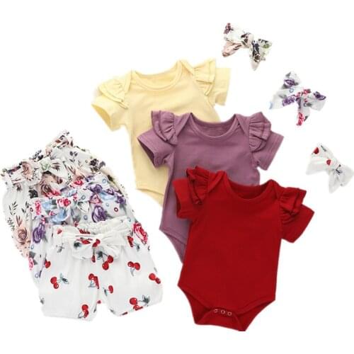 Citgeett Summer Infant Toddler Newborn Baby Girls Short Sleeve Romper Top+Floral Shorts+Bow Headband Outfits 3PCS