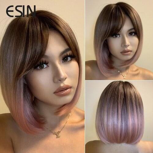 ESIN Ombre Brown Medium Long Straight Bob Synthetic Wig with Bangs Cosplay Wigs for Women Heat Resistant Hair