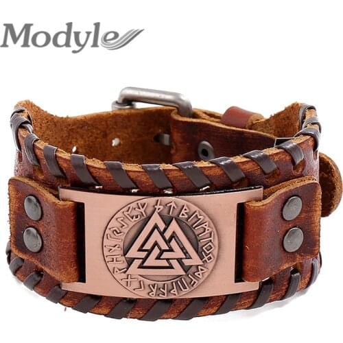 Modyle Viking Valknut Nordic Runes Wide Leather Bracelet Amulet Adjustable Vintage Slavic Norway Men Jewelry Wristband Bangle