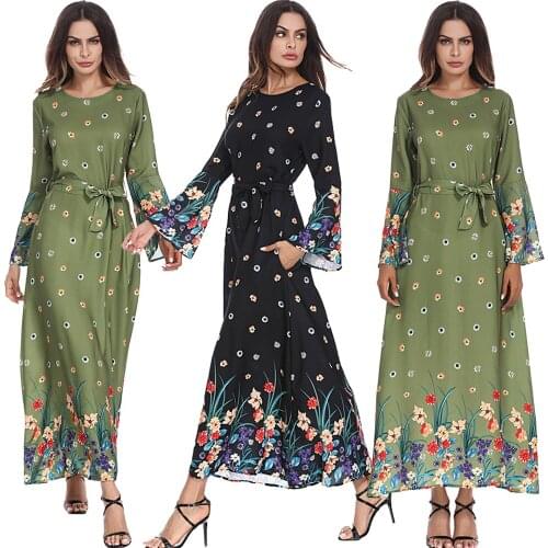 New Muslim Women Floral Print Long Dress Dubai Abaya Turkish Kaftan Islamic Jilbab Party Gown Robe Cocktail Maxi Dresses Ramadan