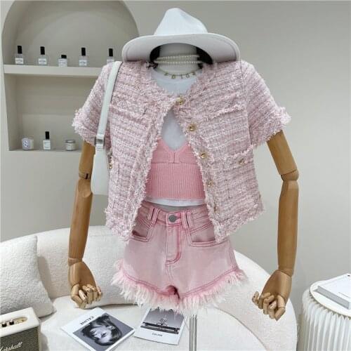 Coats & Jackets Summer Clothing Fashion Lady Office Pink O Neck Short Sleeve Tweed Jackets Temperament Sweet Chic Korean