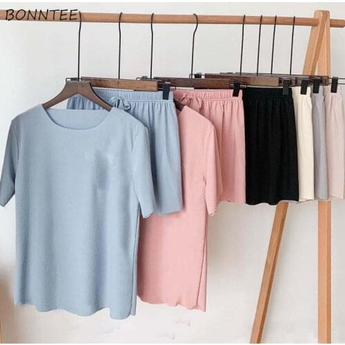 Pajama Sets Women Solid Soft Unisex Summer Hot Leisure Korean Style Ulzzang Harajuku Fashion Loose Simple Sleepwear All-match