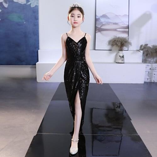 Luxury Sexy Slit Girls Dress Sequined Kids Pageant Gown Birthday Party Costume Strapless Girls Evening Dress Vestidos 2-14y