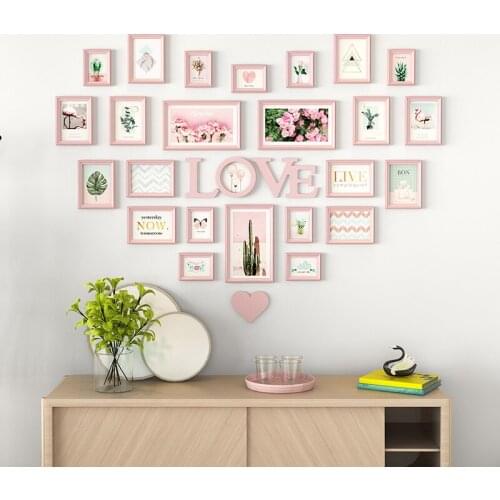 Pink Heart-Shaped Wooden Photo Frame Combination ChildrenS Room Baby Growth Picture Frames Set Warm Romantic Background Wall