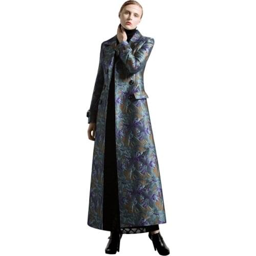 S-XXXL Autumn Winter Jacquard Long Coat Florals Plus Size Luxury Trench Women Double Breasted Muslim Style Outwear Coat