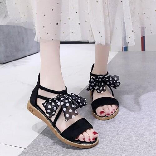 Sandals Female Students Summer Korean Version Flat Bottom Retro Rome Fashion Hong Kong Style Fairy Style Bowknot Womens Shoes