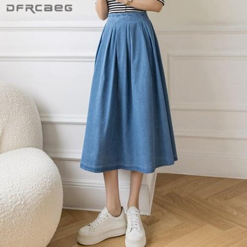 Streetwear Summer Thin Denim Long Skirt For Women 2021 Elastic Waist Loose Vintage Washed Jeans A-Line Skirts Female