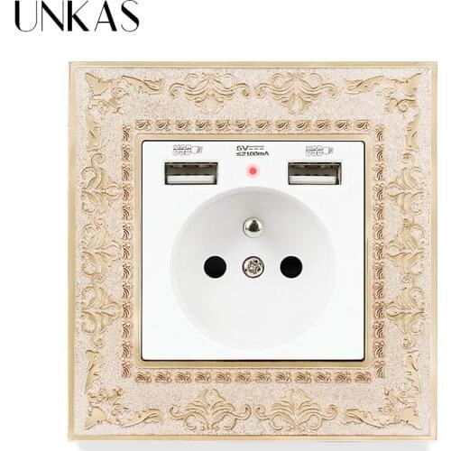 UNKAS Dual USB Charging Port 2.1A French Wall Power Socket 16A Russia Spain Grey 4D Embossing Panel Retro Zinc Alloy Gray Outlet