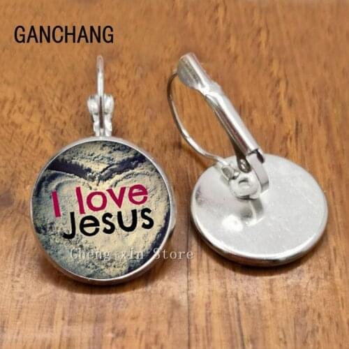 I Love Jesus Sign Symbol Earrings Glass Convex Earrings Religious Souvenir Gift