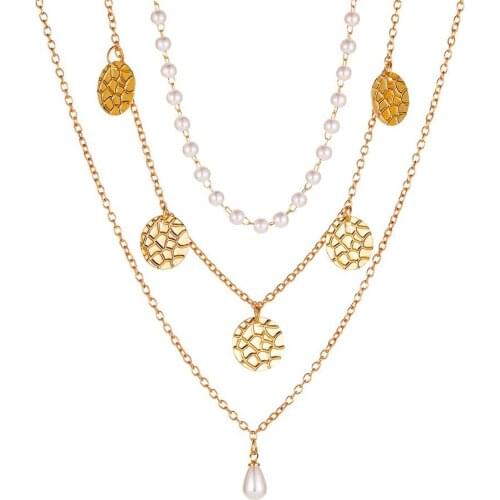 Pearl Crack Shaped Disc Necklace New Vintage 3-layer Necklace For Women Jewelry Gold Color Necklaces & Pendants A284
