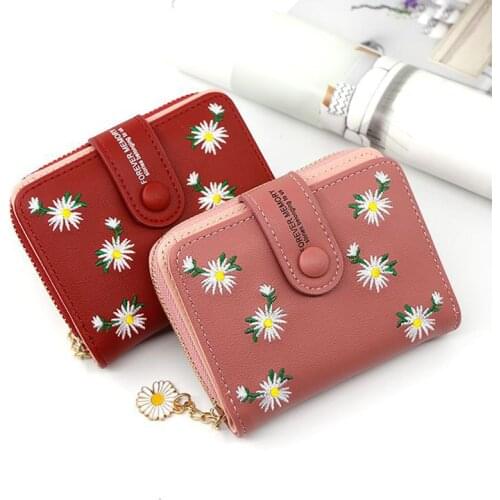 Hot Sale Flower Embroidery Womens Leather Wallet With Coin Pocket Short Purse For Female Ladies Clutch Bag Credit Card Holder