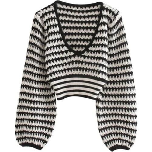 DUISNENA women knit striped v-neck sweater long lantern sleeve jumper tops short knitwear