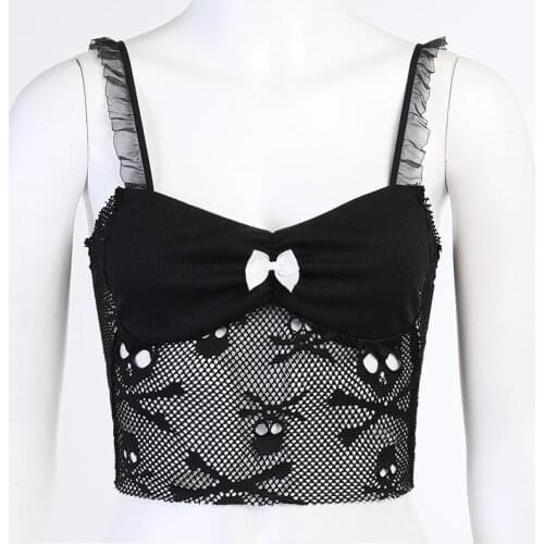2021 Goth Dark Gothic Skull Crop Top Women Sleeveless Clubwear Graphic Embroidery Black Sexy Mesh Patchwork Transparant Bodycon