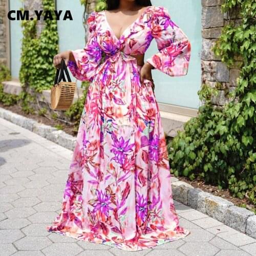 CM.YAYA Women Long Dress Print Hollow Out Loose Aline Dresses Vintage Elegance Maxi Vestidos for Ladies Fashion Outfit Autumn