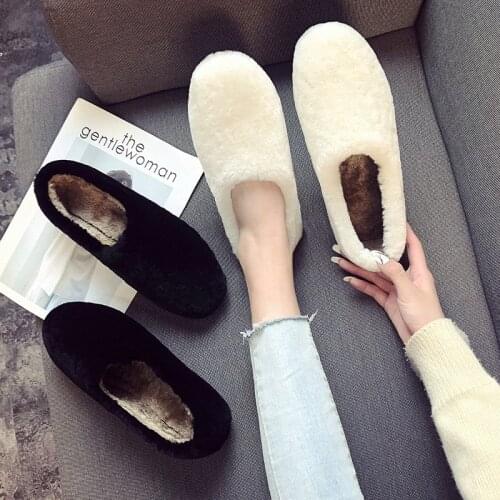 Winter Lambswool loafers women41big size white fur thicken cotton shoes woman pregnant slip on plush oxfords flats snow creepers