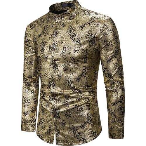 Shiny Gold Paisley Shirt Men 2020 Brand Nightclub Mandarin Collar Dress Shirt Mens Party Bar Wedding Tuxedo Shirts Camisa Hombre