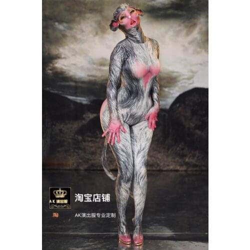 Customized costumes, nightclubs, bars, Halloween female monkey animal pie, fake fleshy print tail, long-sleeved jumpsuit