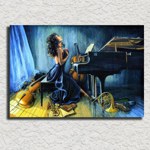 Hand painted oil painting girl playing piano figure art modern abstract paintings music for living room wall decor High quality