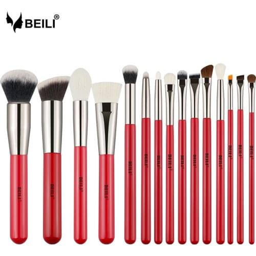 BEILI 15pcs Makeup Brushes Eyeshadow Powder Cosmetics Make Up Brush Set Natural Hair Eyebrow Professional Foundation Red Handle