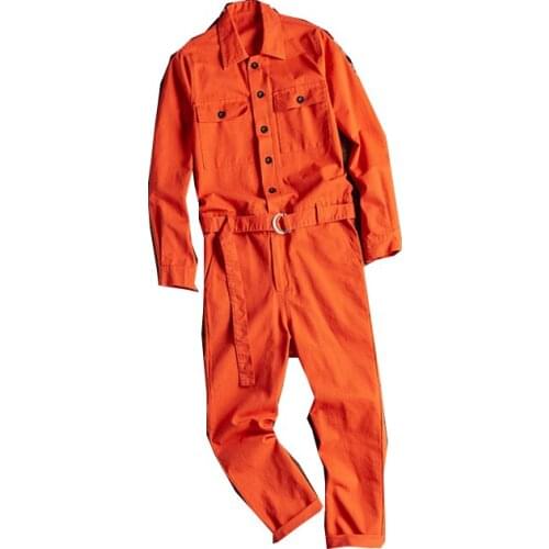 Lapel long-sleeved jumpsuit male hip-hop style mens casual loose multi-pocket orange red comfortable pants